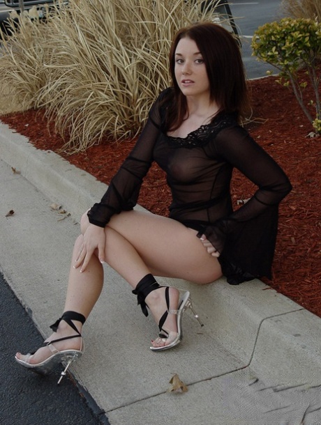 Brunette first timer strikes hot poses in sheer dress with heels and thong 75278429