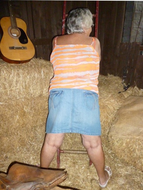 Fat oma Grandma Libby gets naked in a barn while playing acoustic guitar 66213081