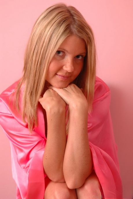 Young looking blonde Madison Summers releases her firm tits from satin robe 69740581