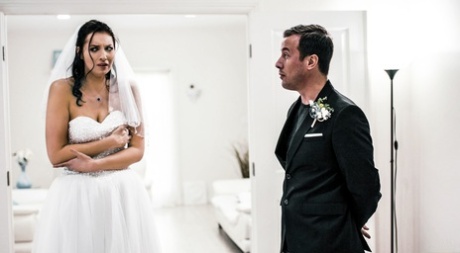 Dark-haired bride Bella Rolland receives an open mouth cumshot after fucking 62217125