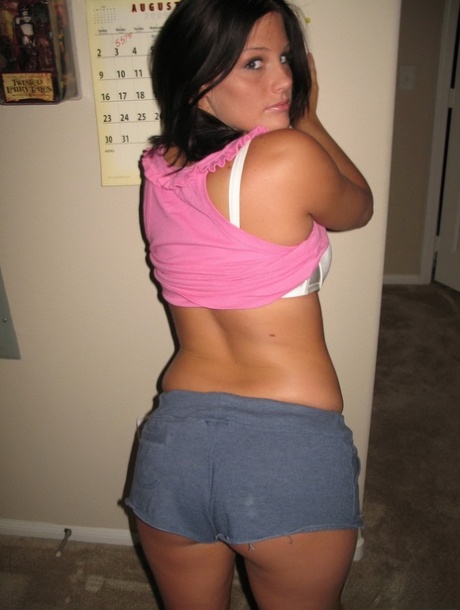 Brunette amateur Whitney removes booty shorts while getting naked 10849340