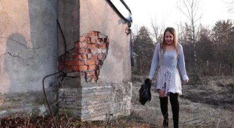 Pretty girl Nastya ducks behind an abandoned building for a badly needed piss 67294027