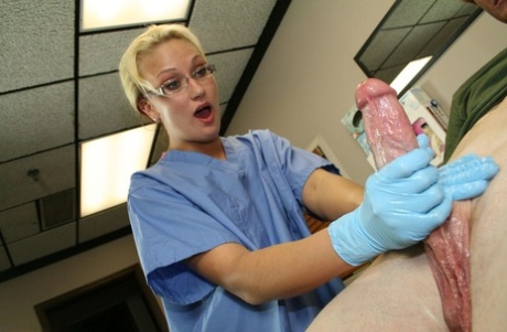 Naughty nurse jerks off a patient's dick in latex gloves and glasses 81821005
