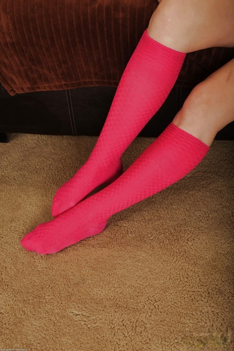 Busty older MILF Prudence Pond and posing solo in pink knee high socks 54848345